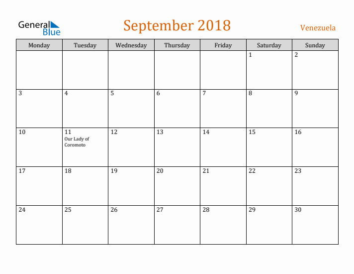 September 2018 Holiday Calendar with Monday Start