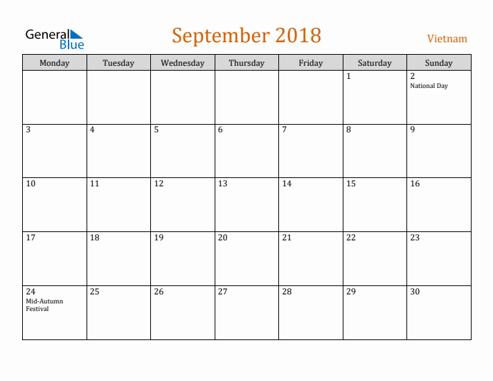 September 2018 Holiday Calendar with Monday Start