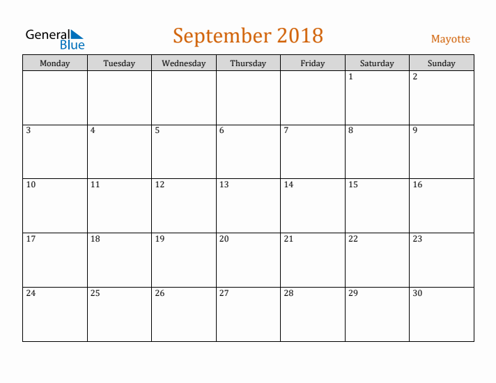 September 2018 Holiday Calendar with Monday Start