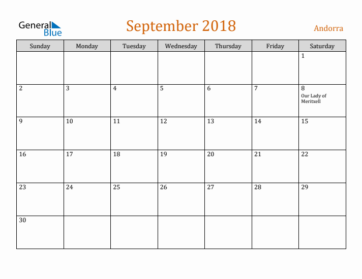 September 2018 Holiday Calendar with Sunday Start