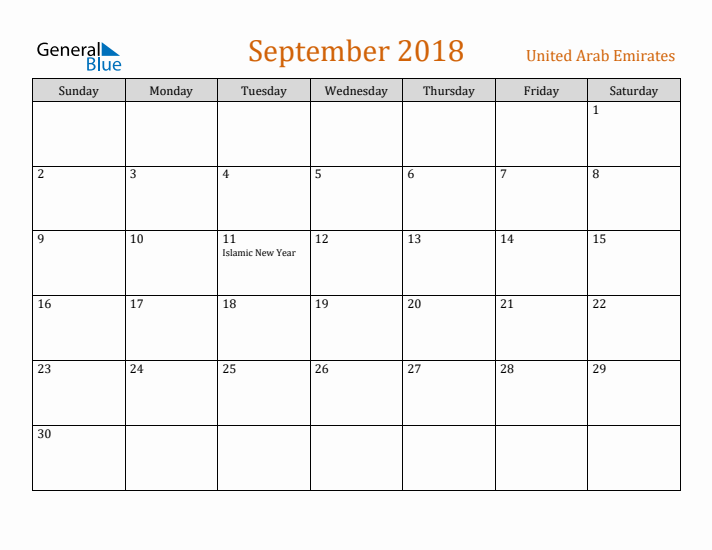 September 2018 Holiday Calendar with Sunday Start