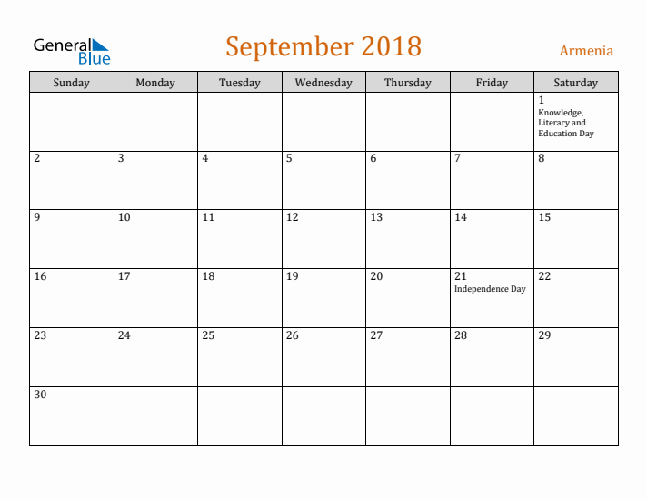 September 2018 Holiday Calendar with Sunday Start