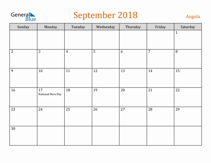 September 2018 Holiday Calendar with Sunday Start