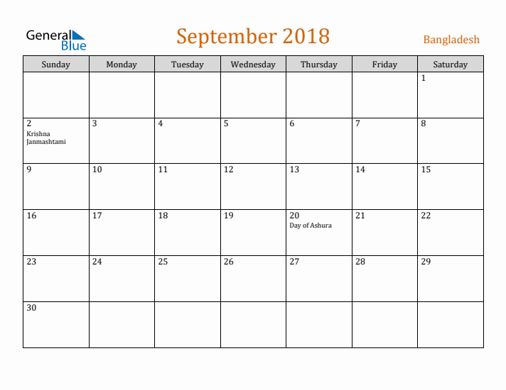 September 2018 Holiday Calendar with Sunday Start