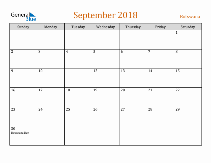 September 2018 Holiday Calendar with Sunday Start