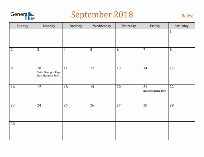 September 2018 Holiday Calendar with Sunday Start