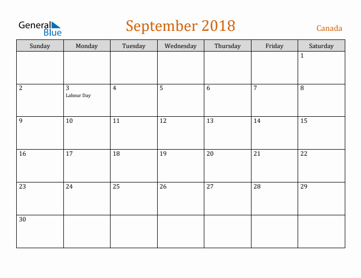 September 2018 Holiday Calendar with Sunday Start