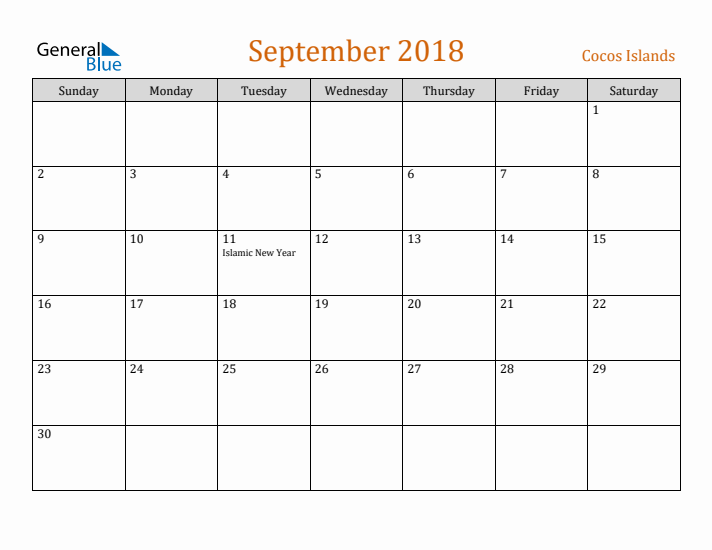 September 2018 Holiday Calendar with Sunday Start