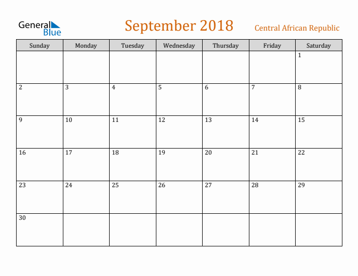 September 2018 Holiday Calendar with Sunday Start