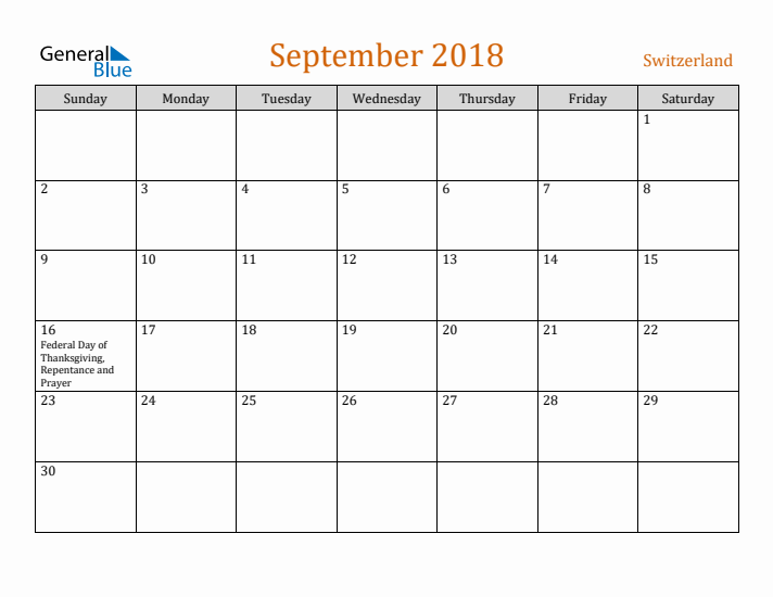 September 2018 Holiday Calendar with Sunday Start