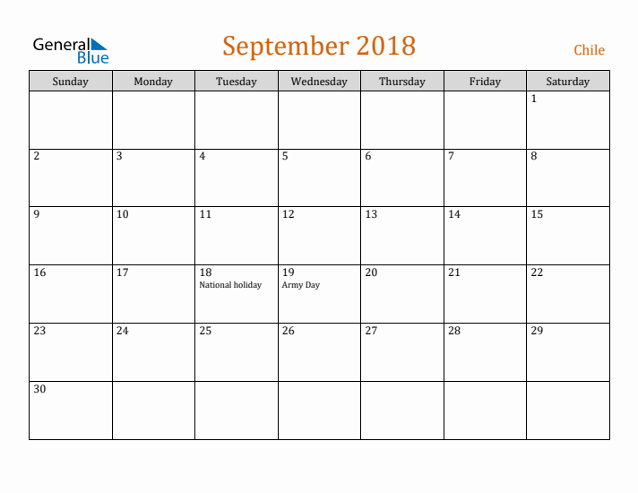 September 2018 Holiday Calendar with Sunday Start