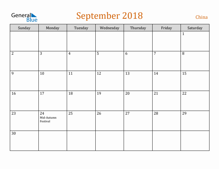 September 2018 Holiday Calendar with Sunday Start