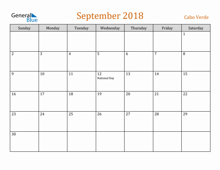 September 2018 Holiday Calendar with Sunday Start