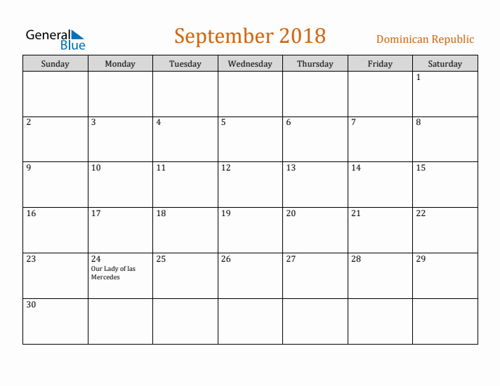 September 2018 Holiday Calendar with Sunday Start