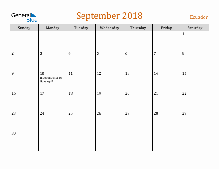 September 2018 Holiday Calendar with Sunday Start