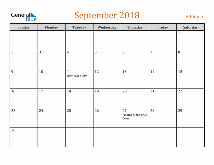 September 2018 Holiday Calendar with Sunday Start