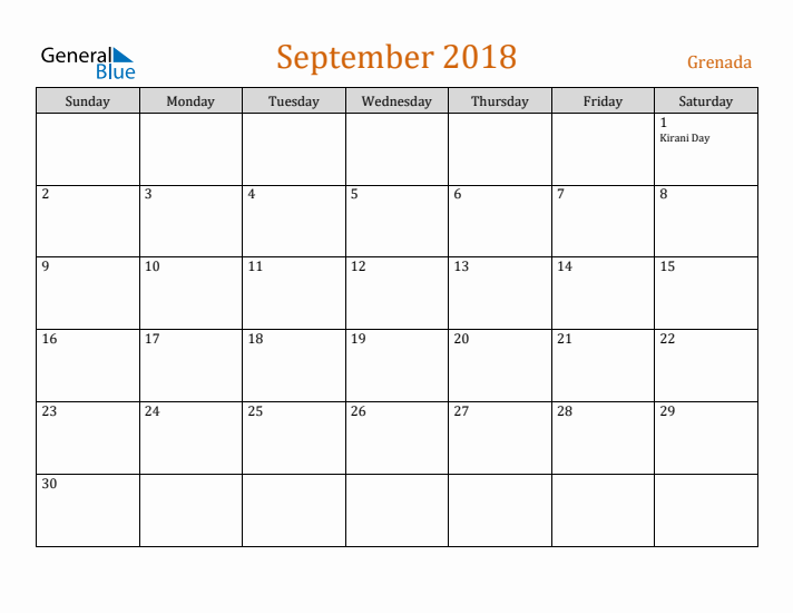 September 2018 Holiday Calendar with Sunday Start