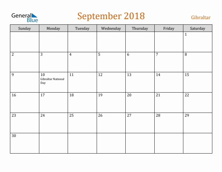 September 2018 Holiday Calendar with Sunday Start