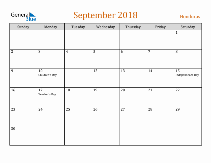 September 2018 Holiday Calendar with Sunday Start