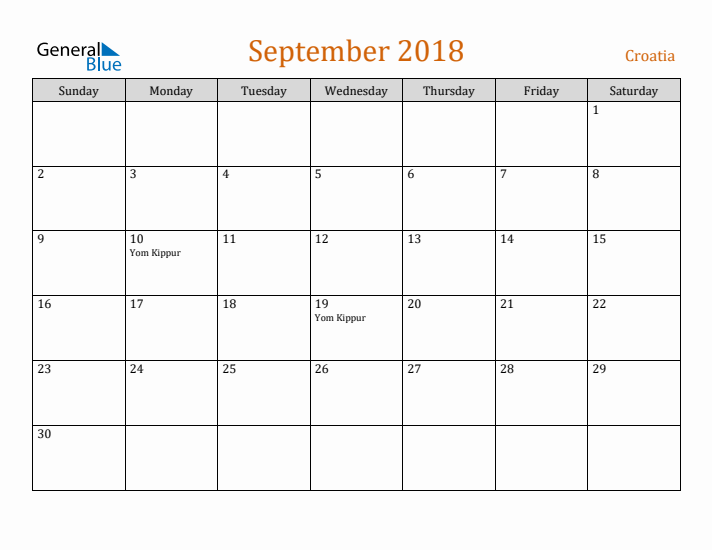 September 2018 Holiday Calendar with Sunday Start