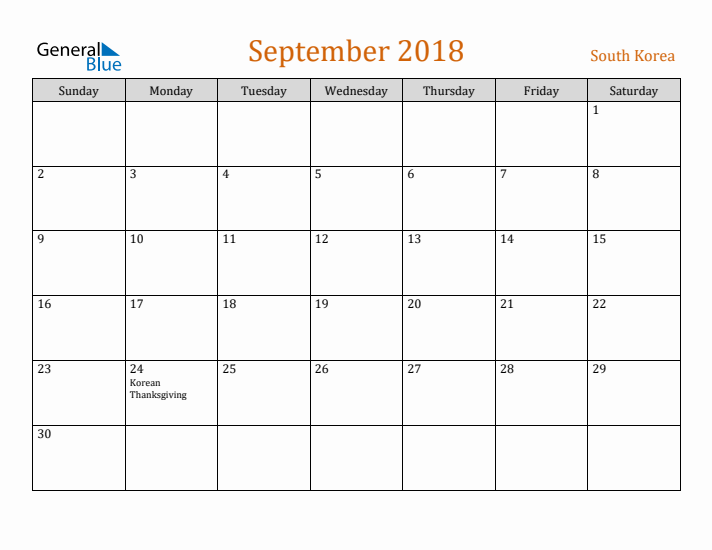 September 2018 Holiday Calendar with Sunday Start