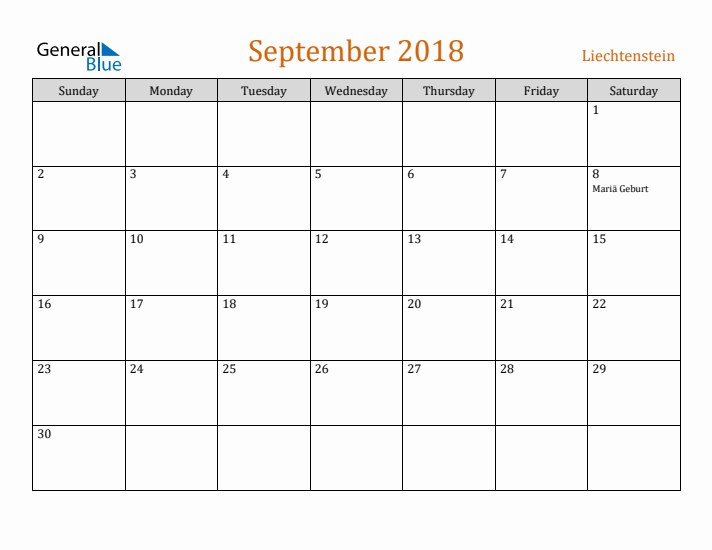 September 2018 Holiday Calendar with Sunday Start