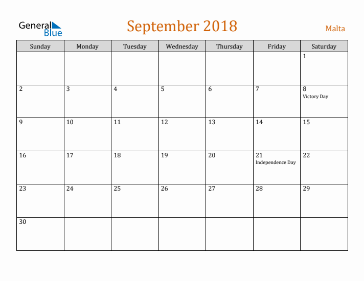 September 2018 Holiday Calendar with Sunday Start