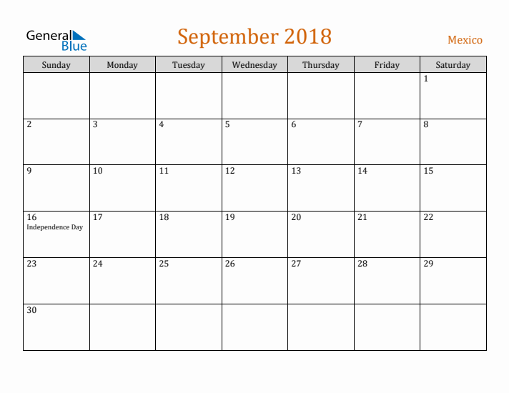 September 2018 Holiday Calendar with Sunday Start