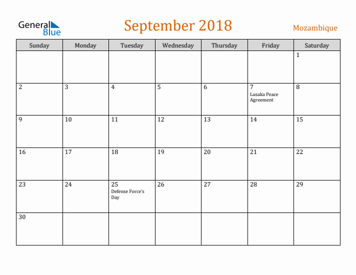 September 2018 Holiday Calendar with Sunday Start