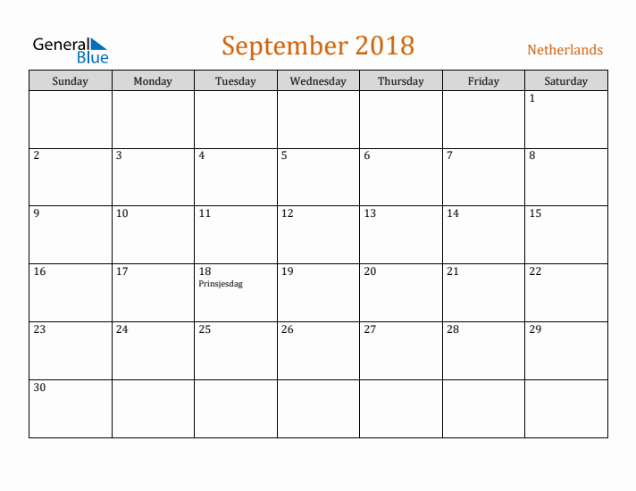 September 2018 Holiday Calendar with Sunday Start