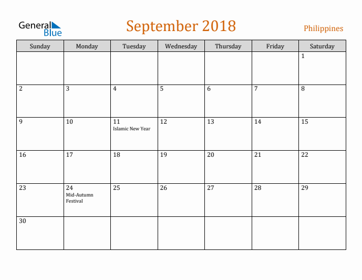 September 2018 Holiday Calendar with Sunday Start