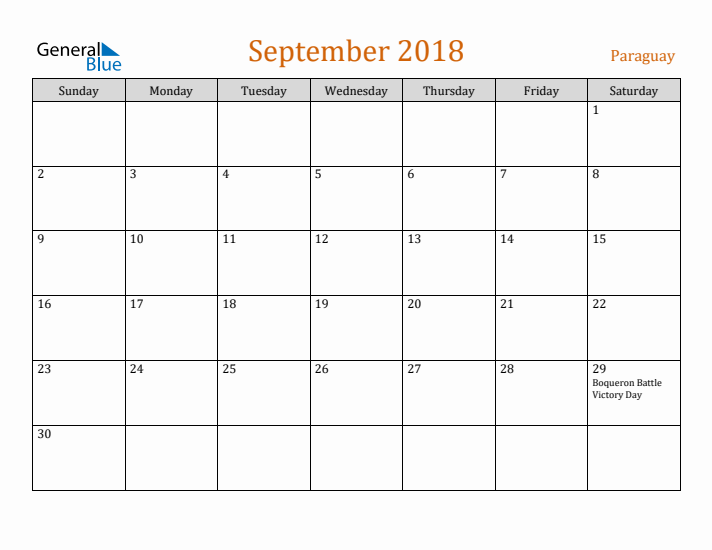 September 2018 Holiday Calendar with Sunday Start