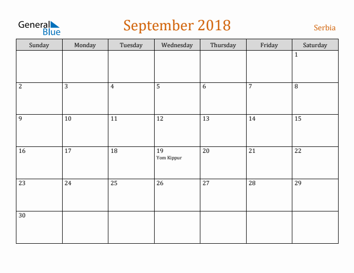 September 2018 Holiday Calendar with Sunday Start