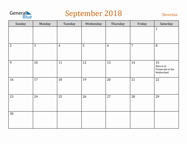 September 2018 Holiday Calendar with Sunday Start