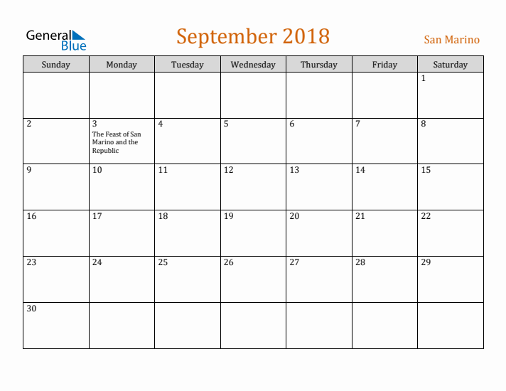 September 2018 Holiday Calendar with Sunday Start