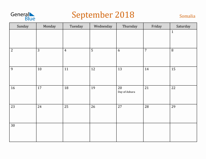 September 2018 Holiday Calendar with Sunday Start