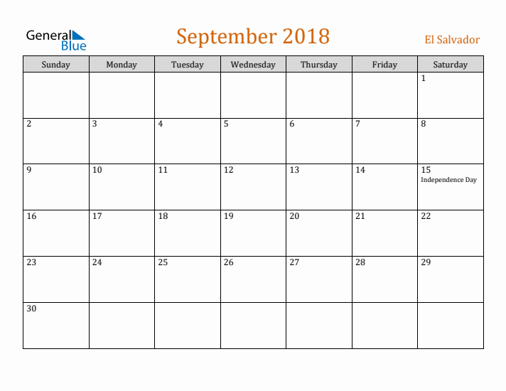 September 2018 Holiday Calendar with Sunday Start