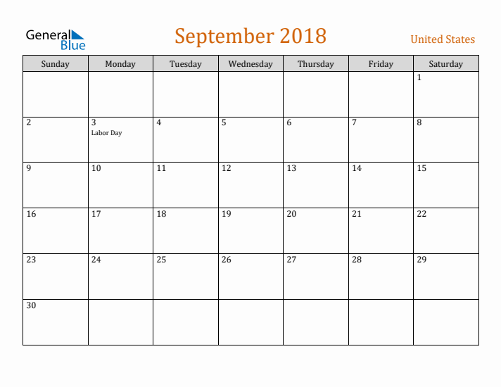 September 2018 Holiday Calendar with Sunday Start