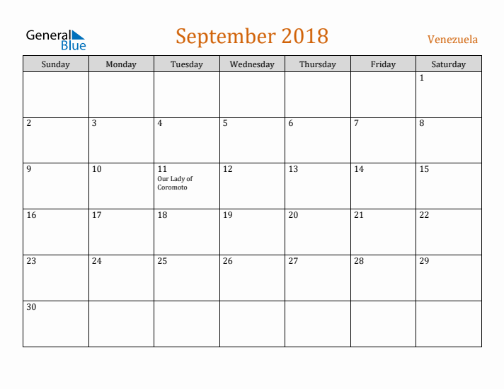 September 2018 Holiday Calendar with Sunday Start