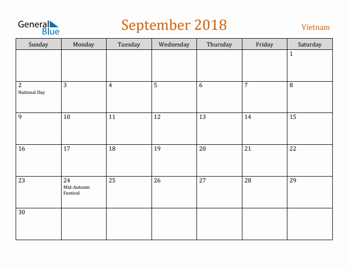 September 2018 Holiday Calendar with Sunday Start