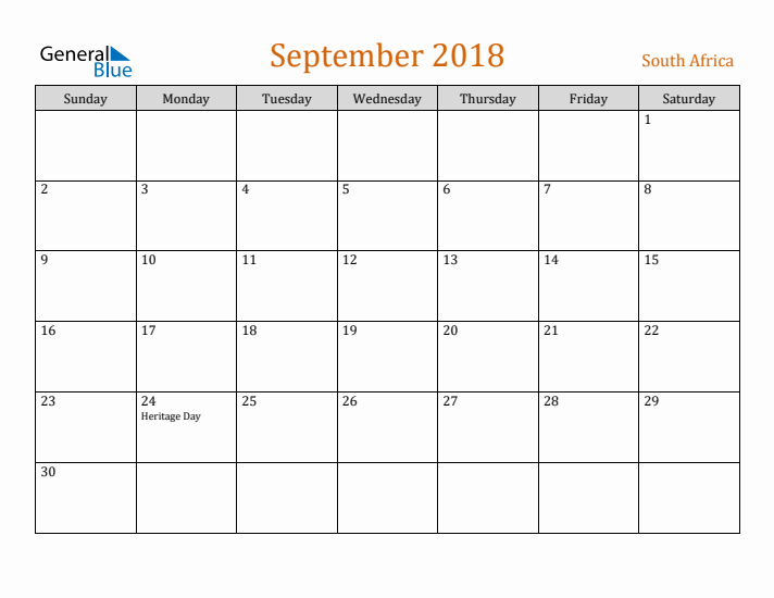 September 2018 Holiday Calendar with Sunday Start