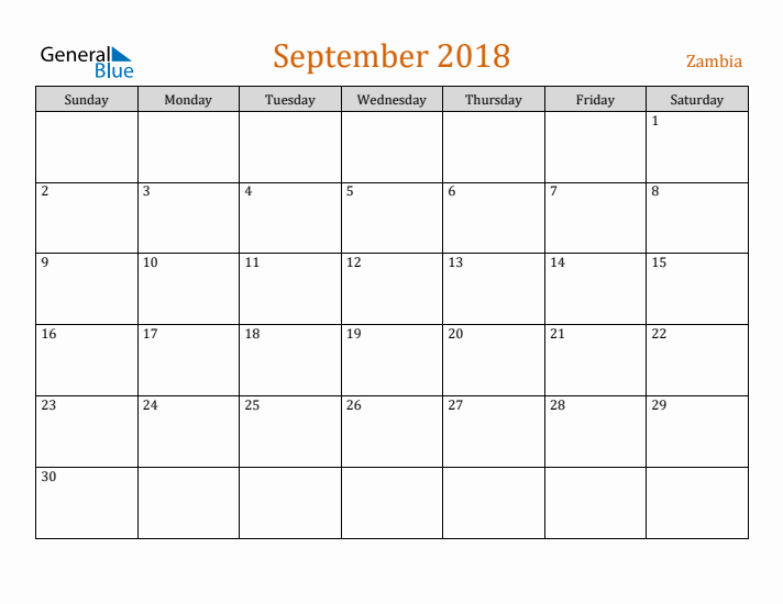 September 2018 Holiday Calendar with Sunday Start