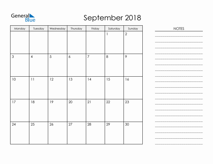 Printable Monthly Calendar with Notes - September 2018