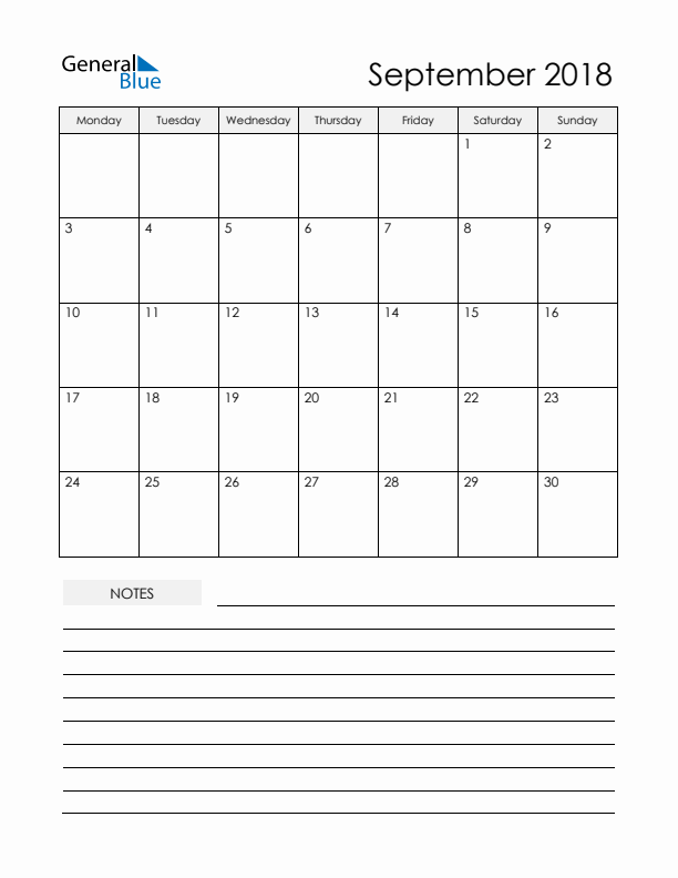 Printable Calendar with Notes - September 2018 