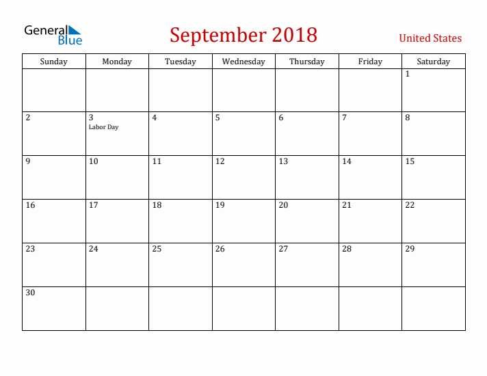 United States September 2018 Calendar - Sunday Start