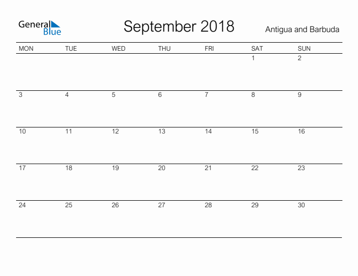 Printable September 2018 Calendar for Antigua and Barbuda