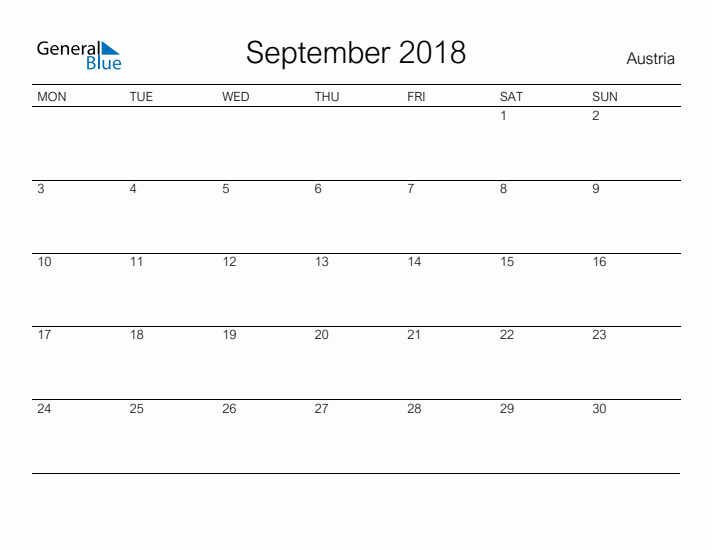 Printable September 2018 Calendar for Austria