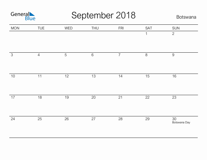 Printable September 2018 Calendar for Botswana