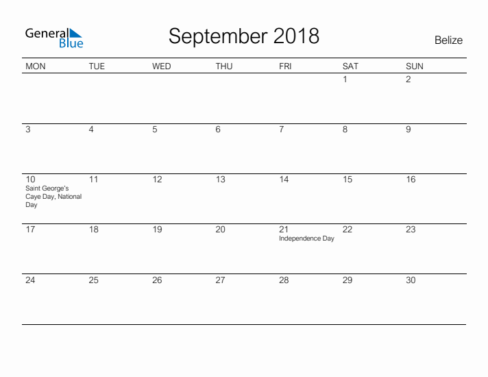 Printable September 2018 Calendar for Belize