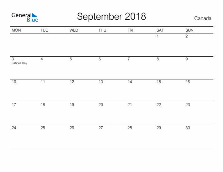 Printable September 2018 Calendar for Canada